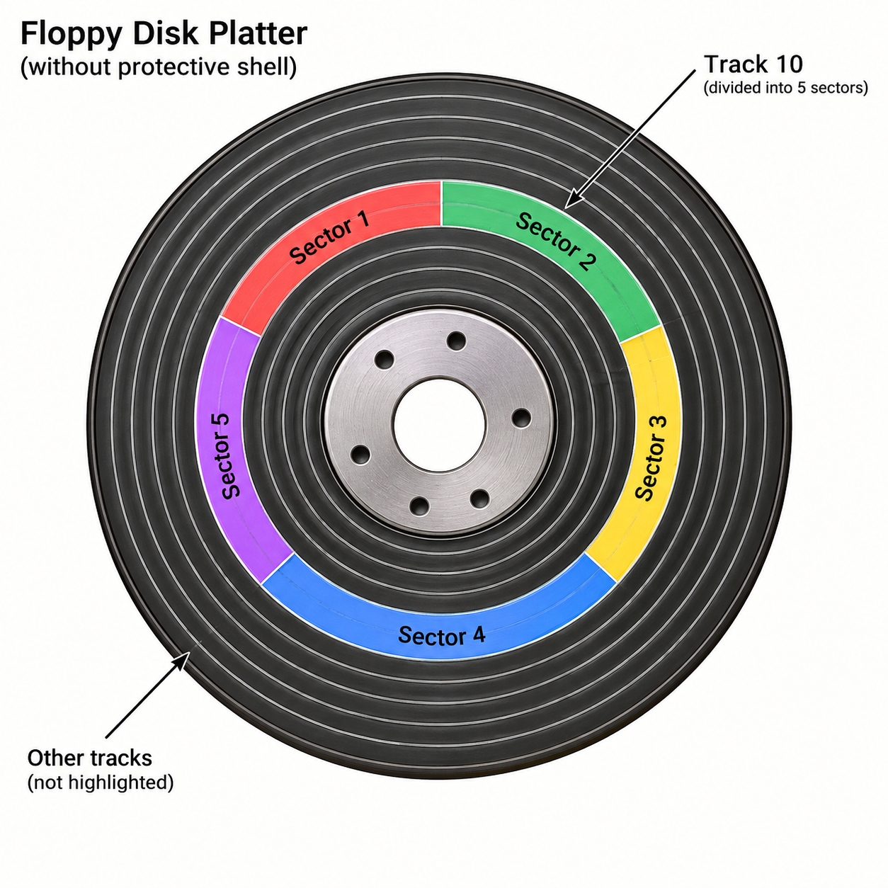 Diagram of disk track divided into 5 sectors.