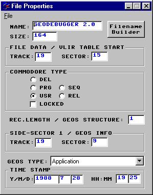 Screen shot of D64+ file properties window listing GEOS application type and timestamp